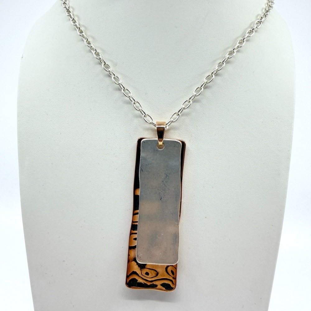 Vintage Mixed Metal Double Bar Pendant Necklace Silver & Gold Tone Textured 90s